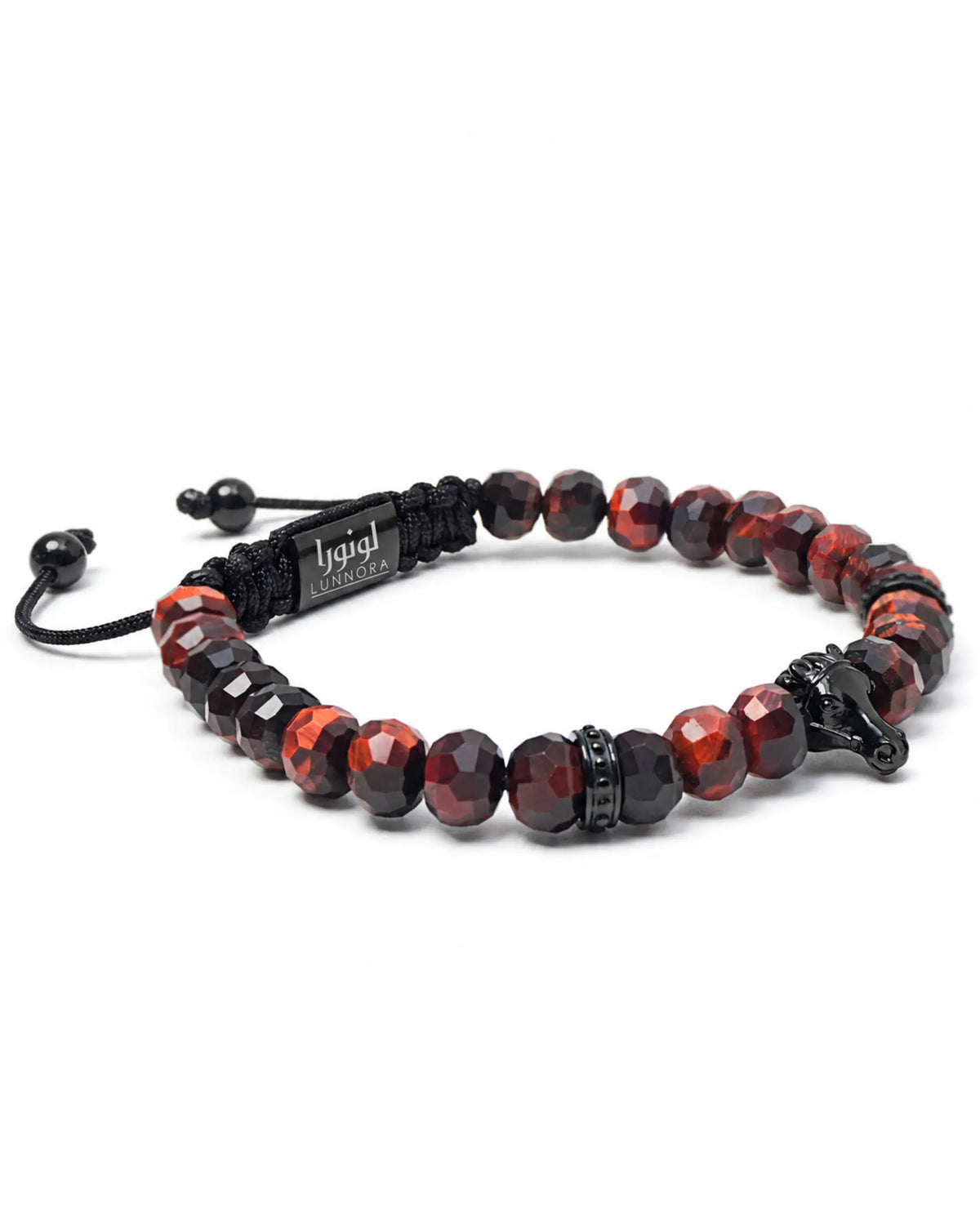 Beaded bracelet with red tiger eye beads and horse charm