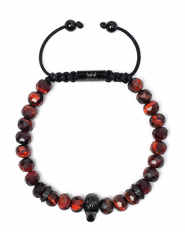 Beaded horse bracelet with red tiger eye beads and black cord