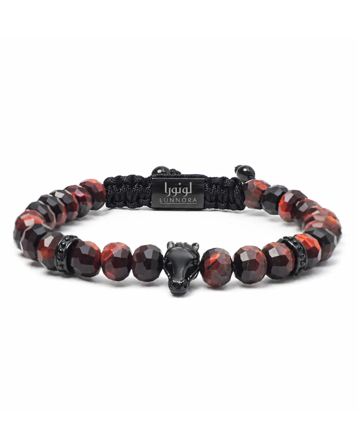 Red tiger eye beaded bracelet with black cord and horse head charm الصورة الرئيسية
