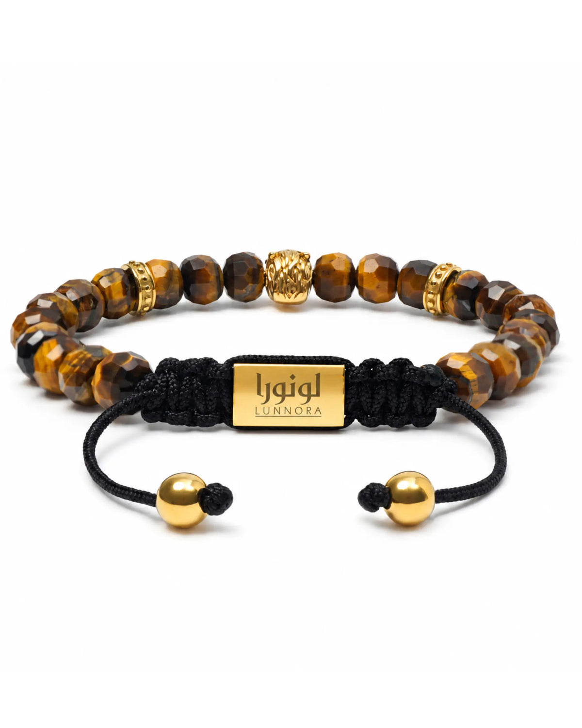 Tiger eye bead bracelet with black macrame cord, gold label plate, and horse charm.