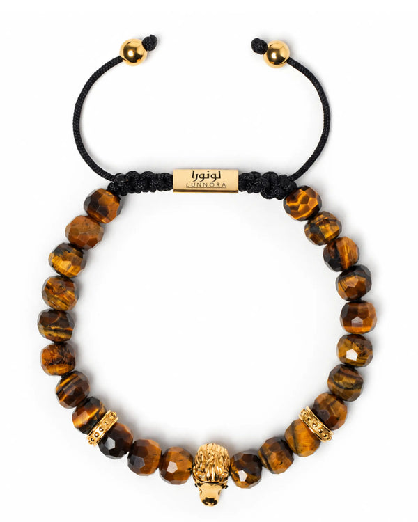Tiger eye bead bracelet with black cord and gold-tone horse head charm.