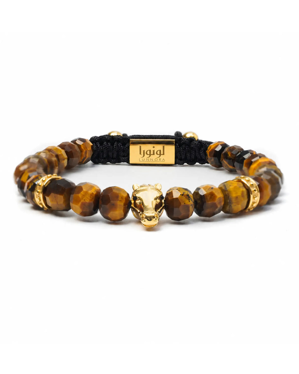 Tiger eye bead bracelet with black cord and gold-tone horse charm centerpiece. الصورة الرئيسية
