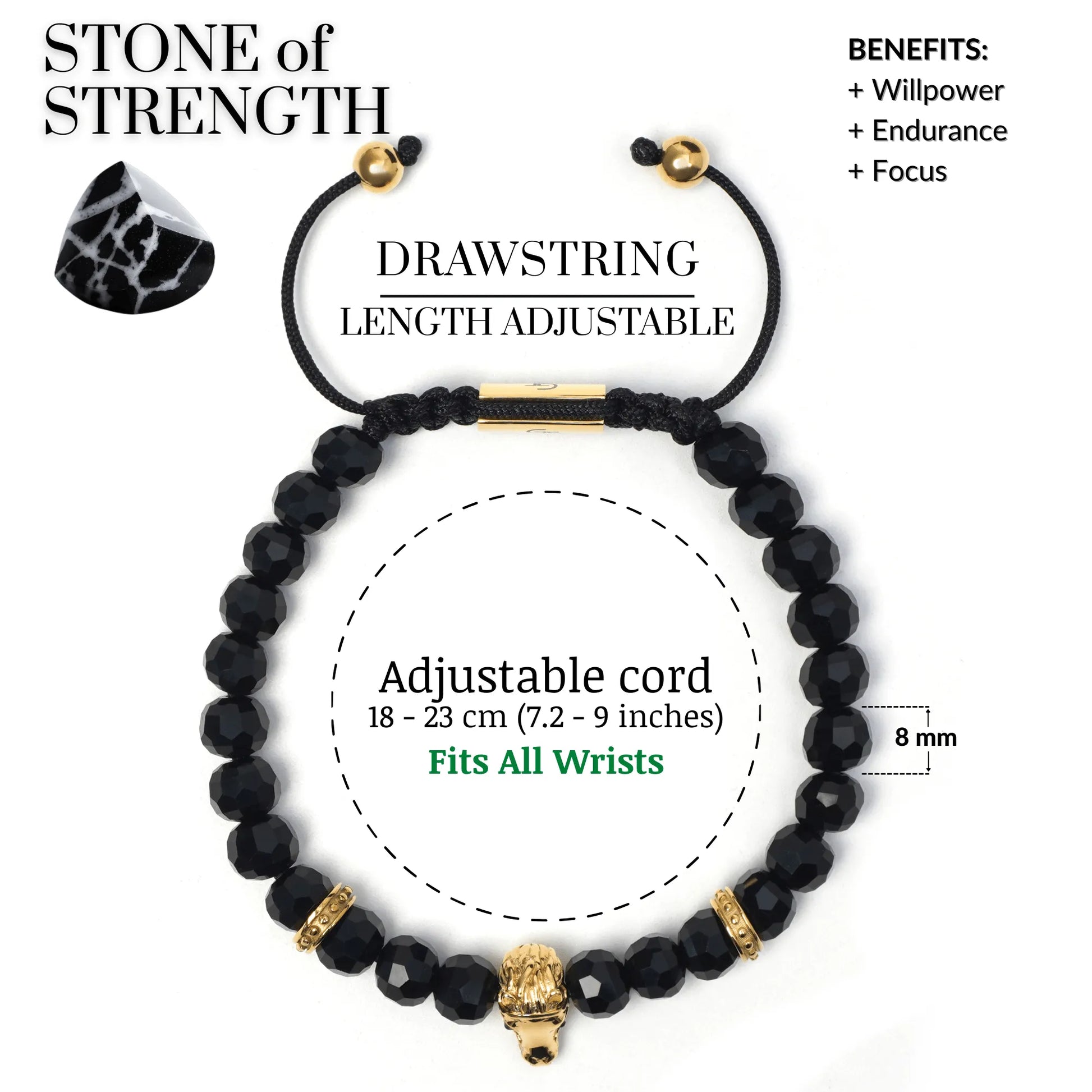 Men’s black and green gemstone beaded bracelet with silver lion head charm by GT Collection