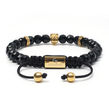 Men’s black and green gemstone beaded bracelet with silver lion head charm by GT Collection
