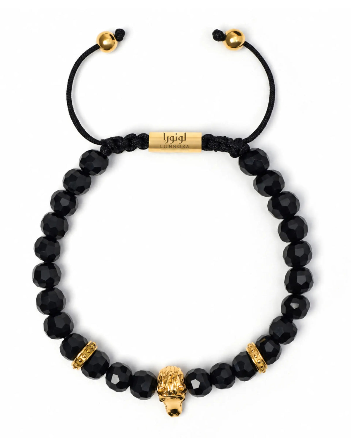 Black onyx beaded bracelet with gold-toned horse head charm and stacked bead accents