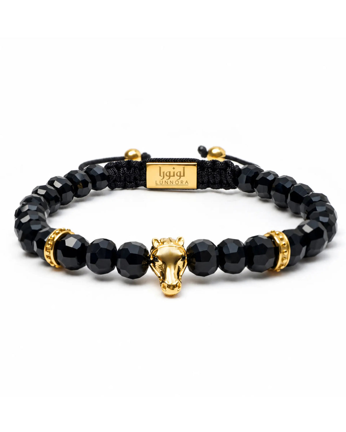 Black onyx beaded bracelet with gold-toned Arabian horse charm and adjustable cord