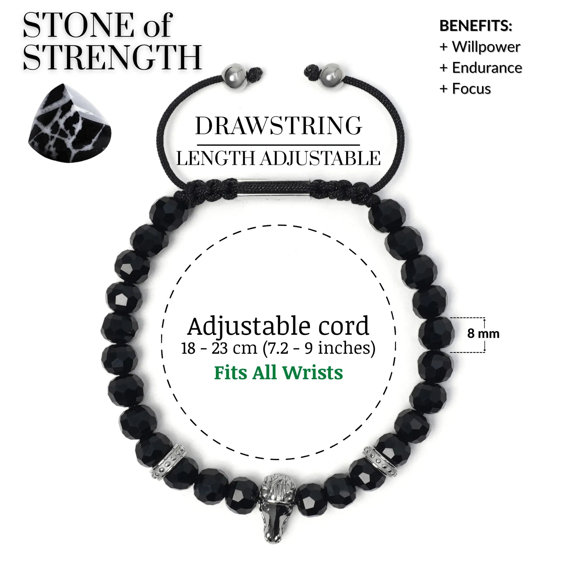 Men’s black and green gemstone beaded bracelet with silver lion head charm by GT Collection”
