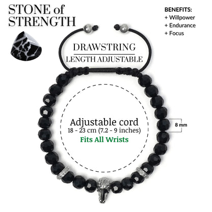Men’s black and green gemstone beaded bracelet with silver lion head charm by GT Collection”