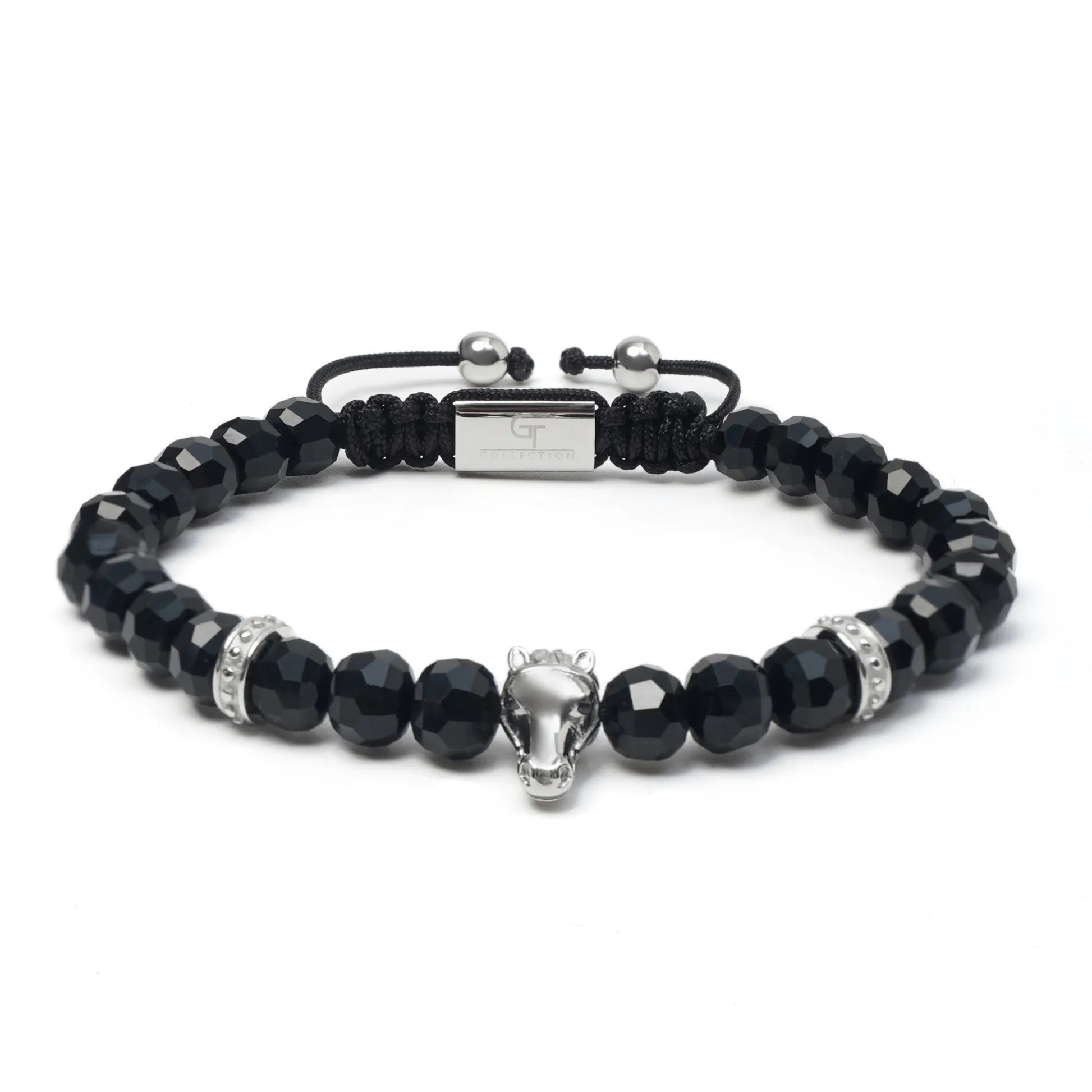 Men’s black and green gemstone beaded bracelet with silver hors head charm by GT Collection