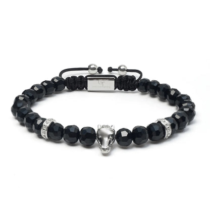 Men’s black and green gemstone beaded bracelet with silver hors head charm by GT Collection