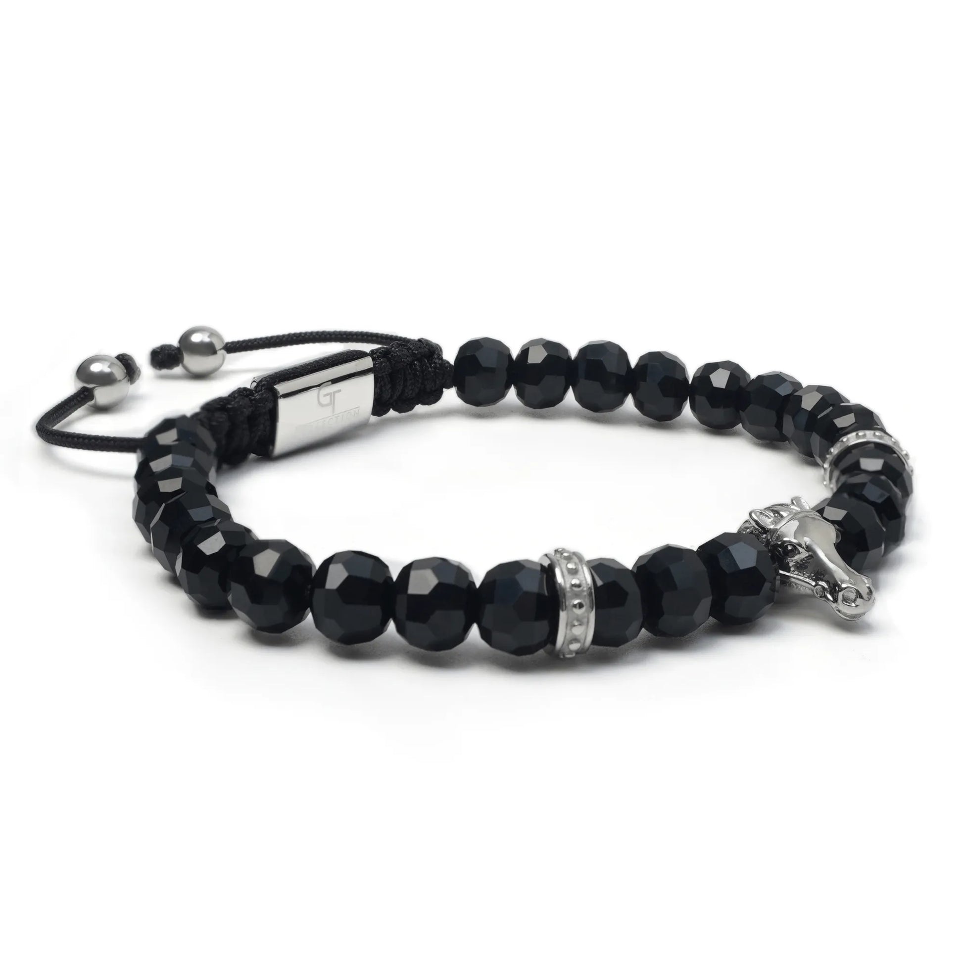 Men’s black and green gemstone beaded bracelet with silver hors head charm by GT Collection