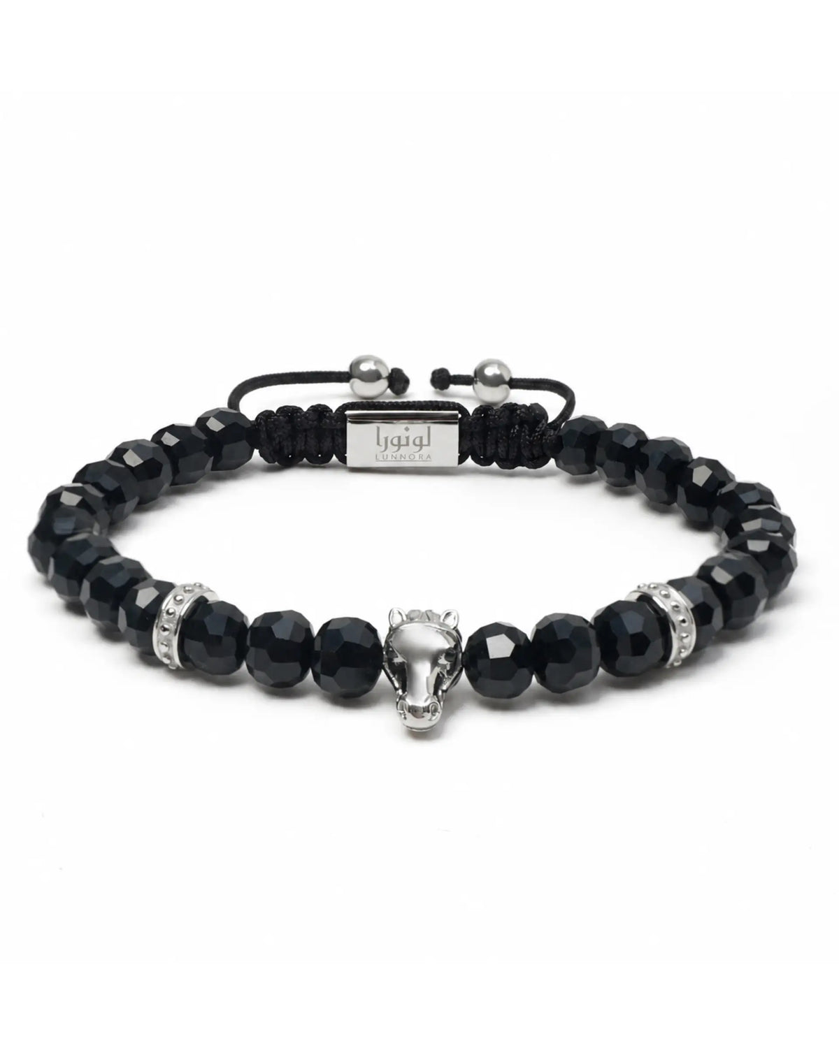 Black onyx beaded bracelet with silver-tone Arabian horse charm and clasp detail الصورة الرئيسية