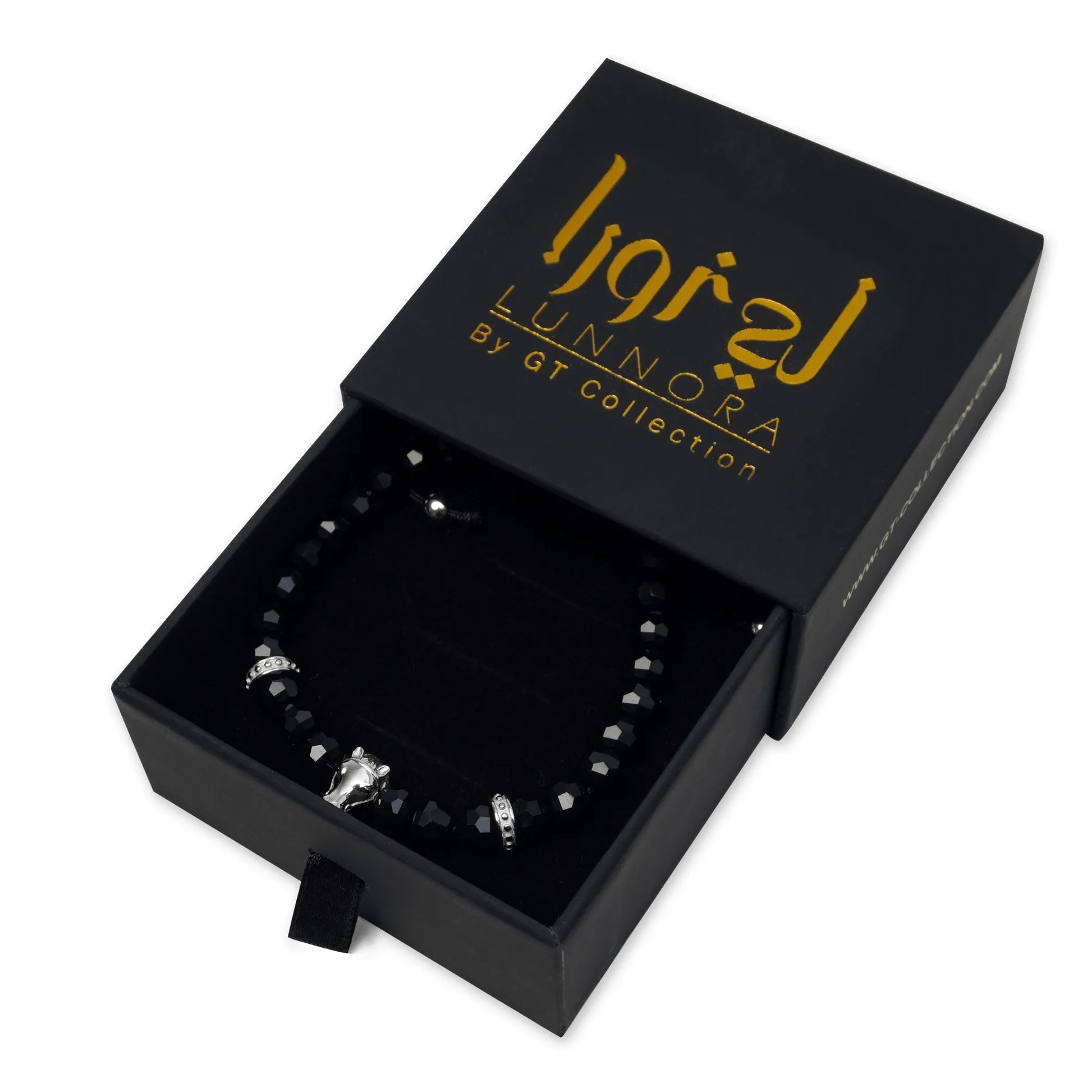 Men’s black and green gemstone beaded bracelet with gold hors head charm by GT Collection