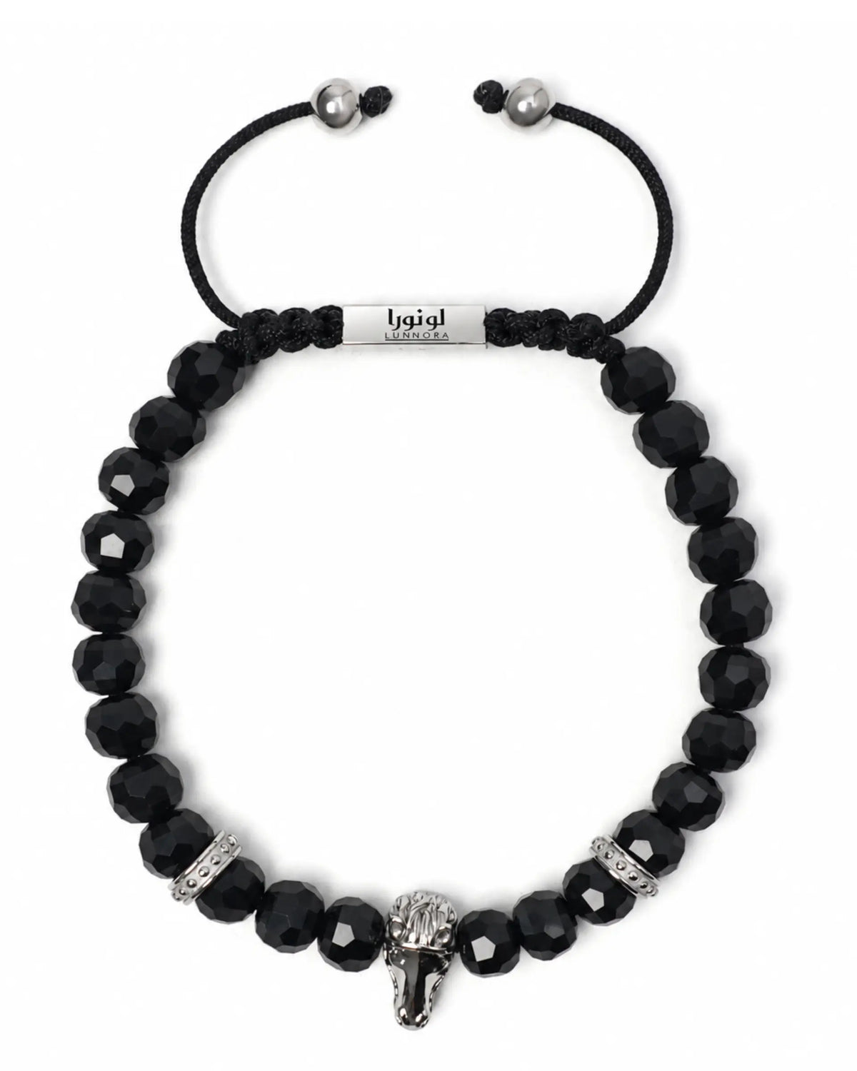 Black beaded bracelet with silver-tone horse head charm and adjustable black cord tie
