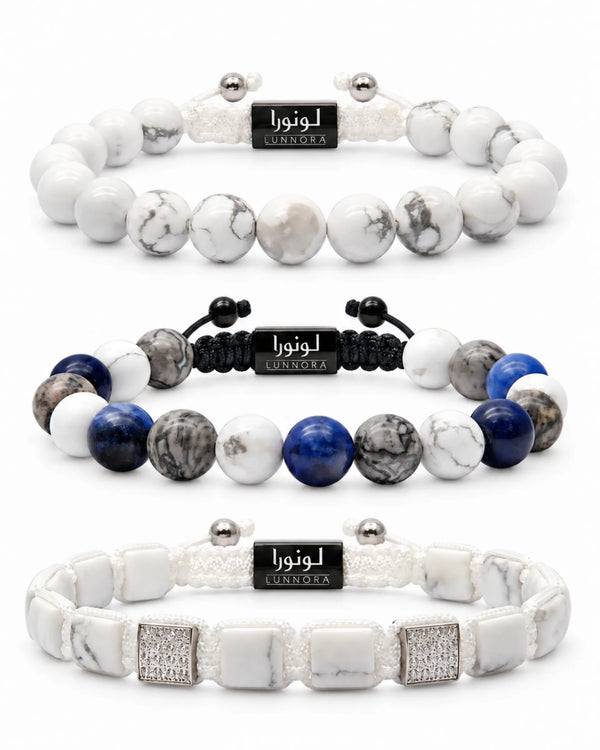 3-piece howlite bracelet set with three bead styles in white, gray, and blue tones
