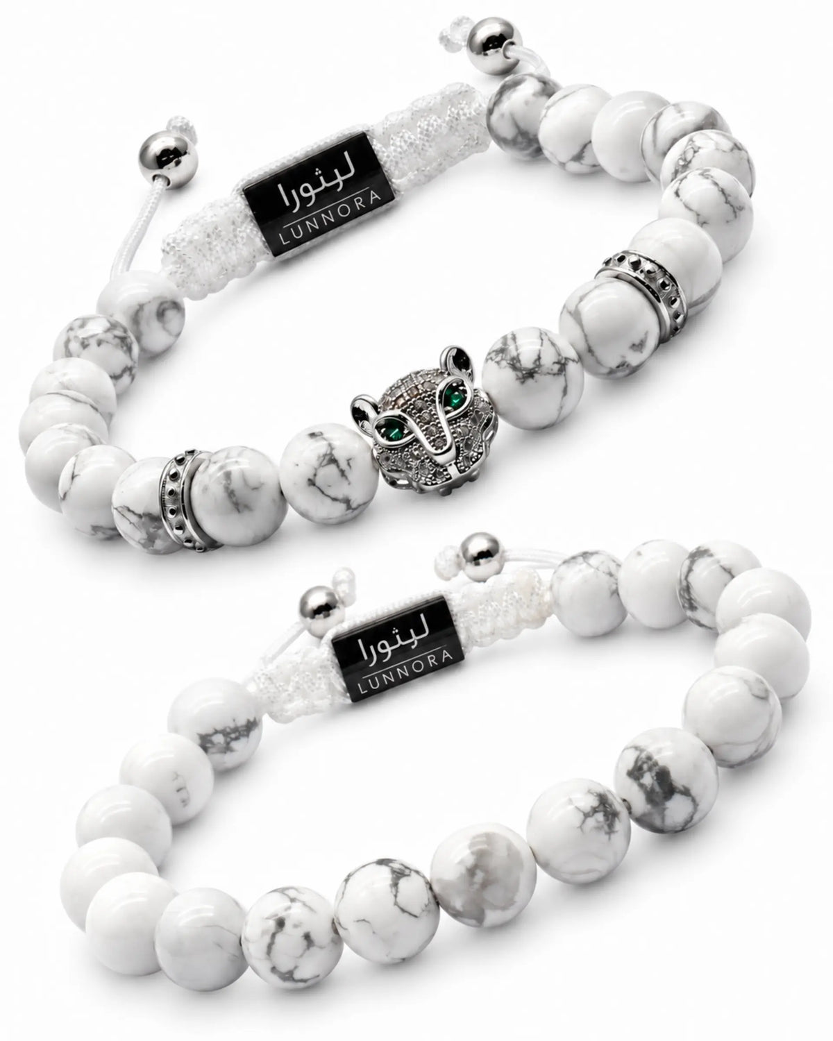 Two men’s white howlite bracelets with elephant charm, silver bead accents, adjustable cords الصورة الرئيسية
