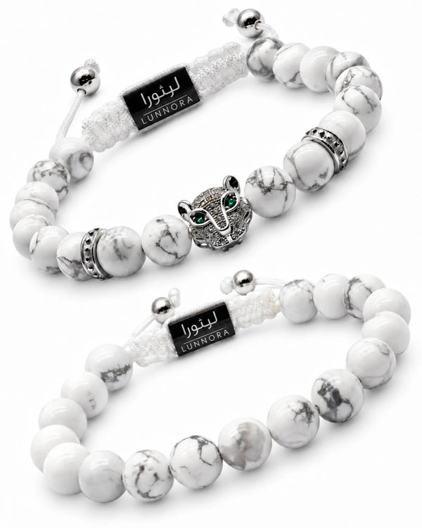Two men’s white howlite bracelets with elephant charm, silver bead accents, adjustable cords