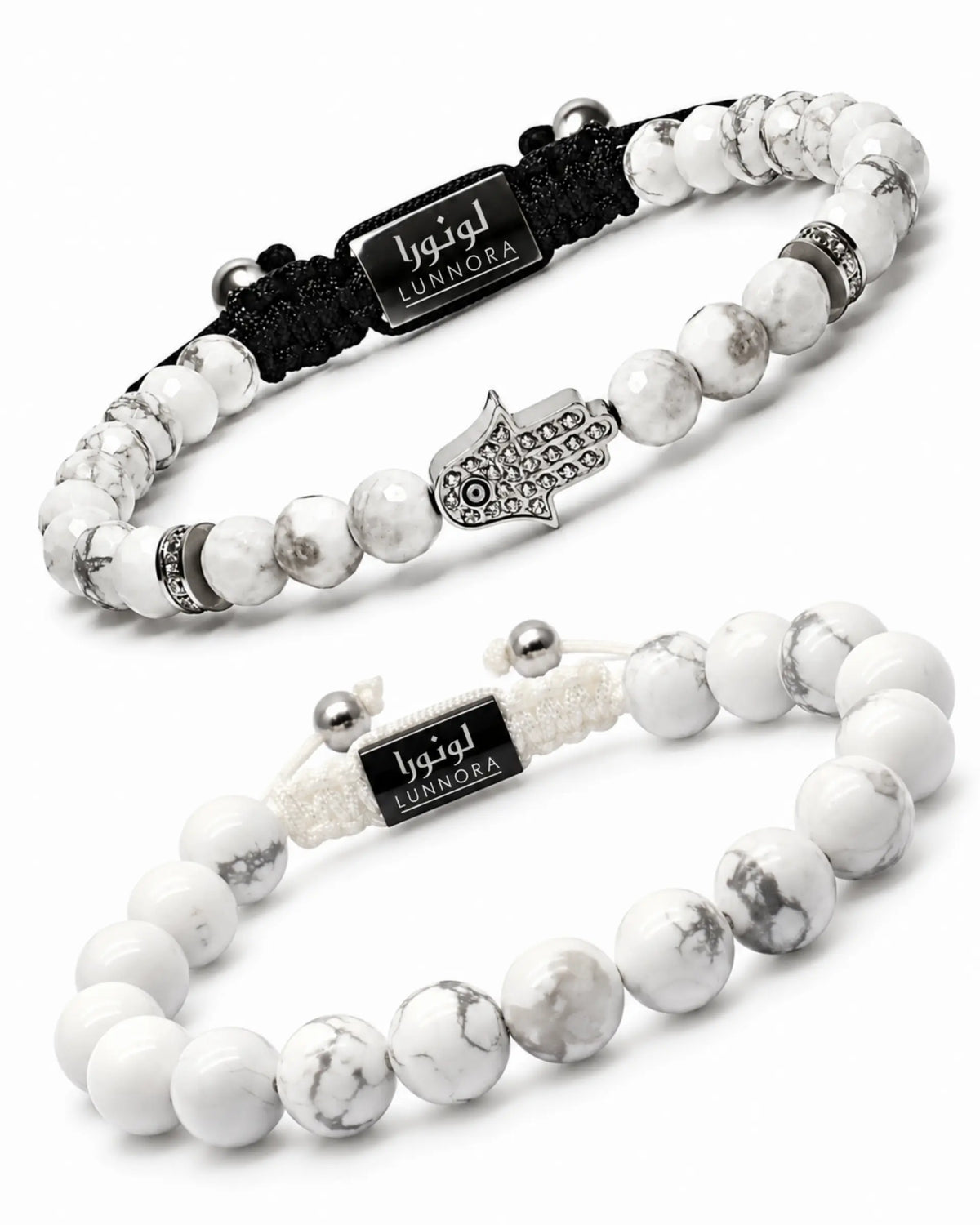 Close-up of two howlite bracelets: black-cord hamsa style and white bead strand الصورة الرئيسية