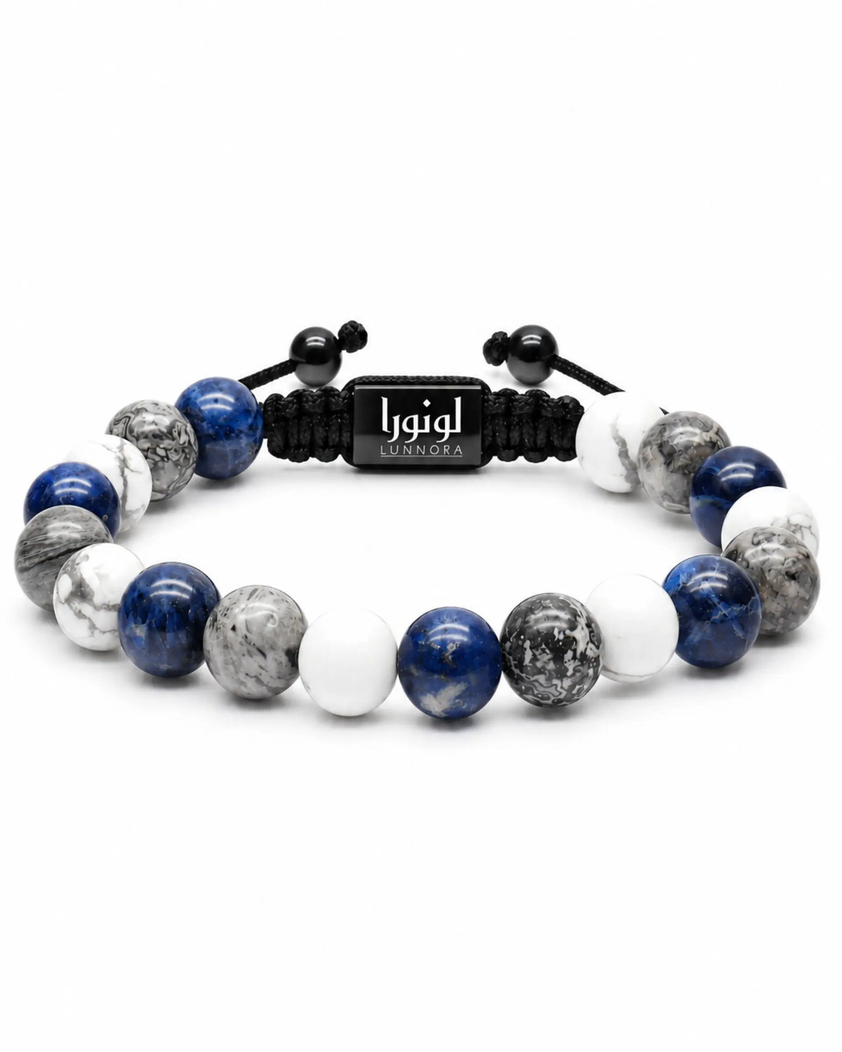 Sodalite and stone beaded bracelet with black cord, round beads, and logo centerpiece الصورة الرئيسية