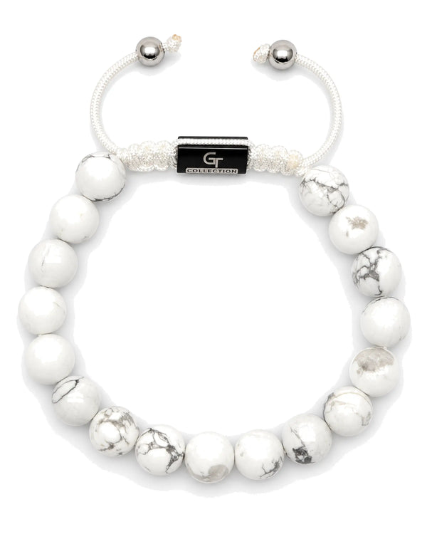 Howlite bead bracelet set, white round beads with silver-tone ball spacers