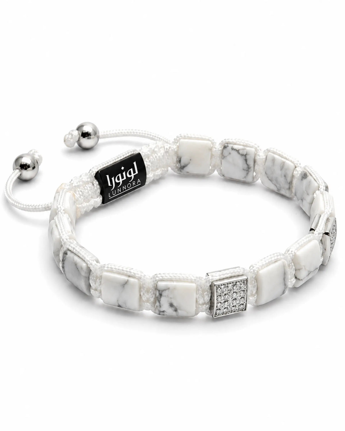 White Howlite bracelet with silver-tone rectangular accents and black logo bar