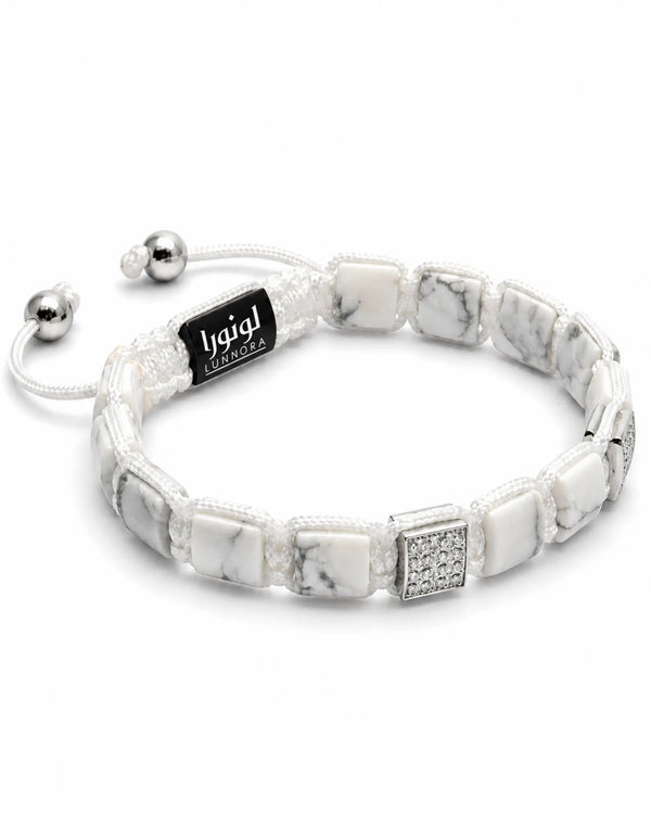 White Howlite bracelet with silver-tone rectangular accents and black logo bar