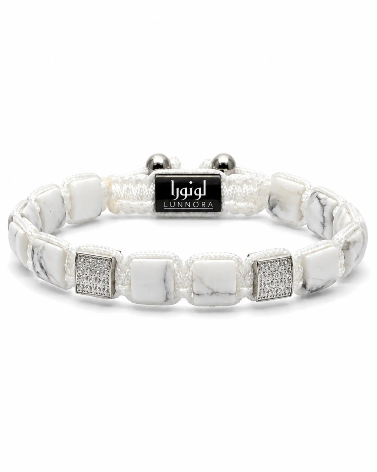 White Howlite beaded bracelet with rectangular silver-tone beads and black logo label الصورة الرئيسية