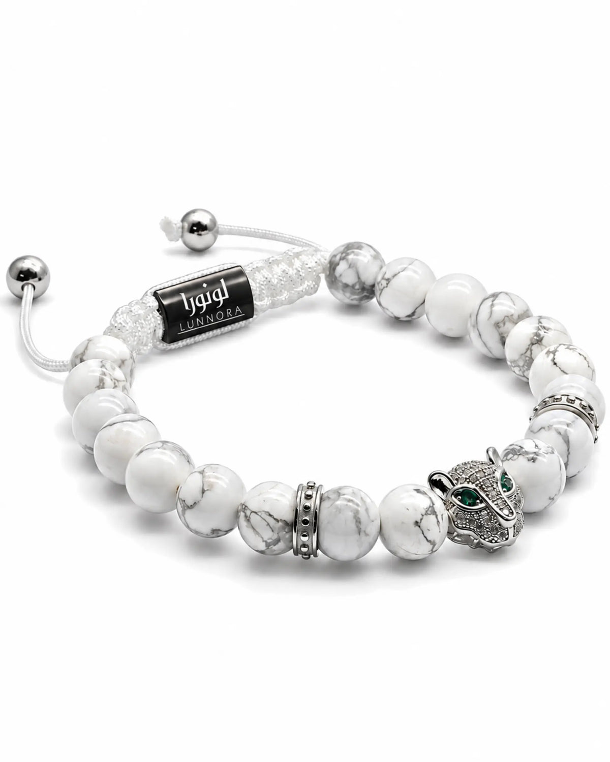 Men's white howlite bead bracelet, silver spacers, elephant charm, toggle clasp