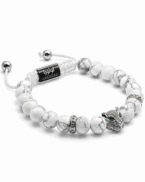 Men's white howlite bead bracelet, silver spacers, elephant charm, toggle clasp
