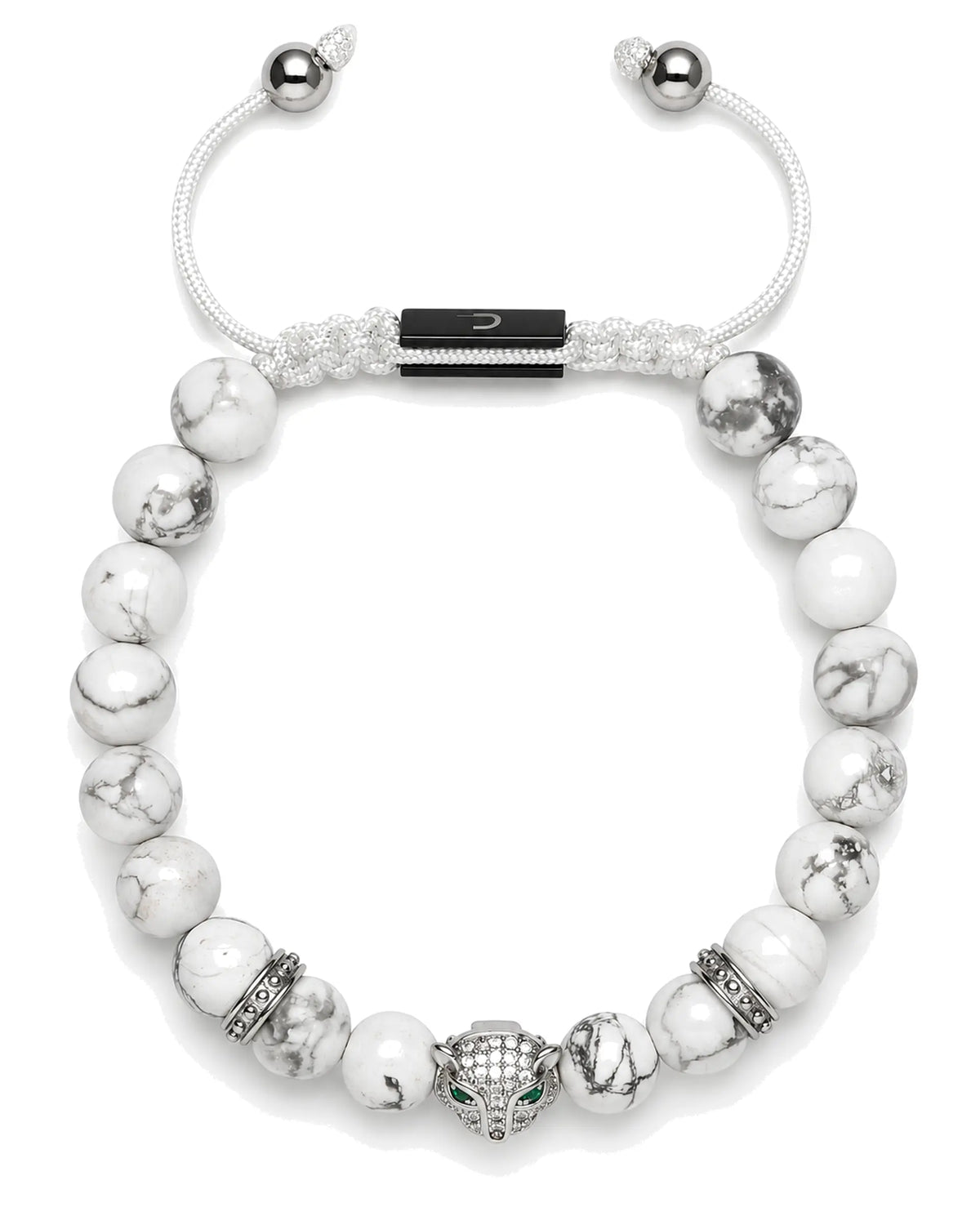 Men's white howlite bead bracelet with rhinestone elephant charm and black bar clasp