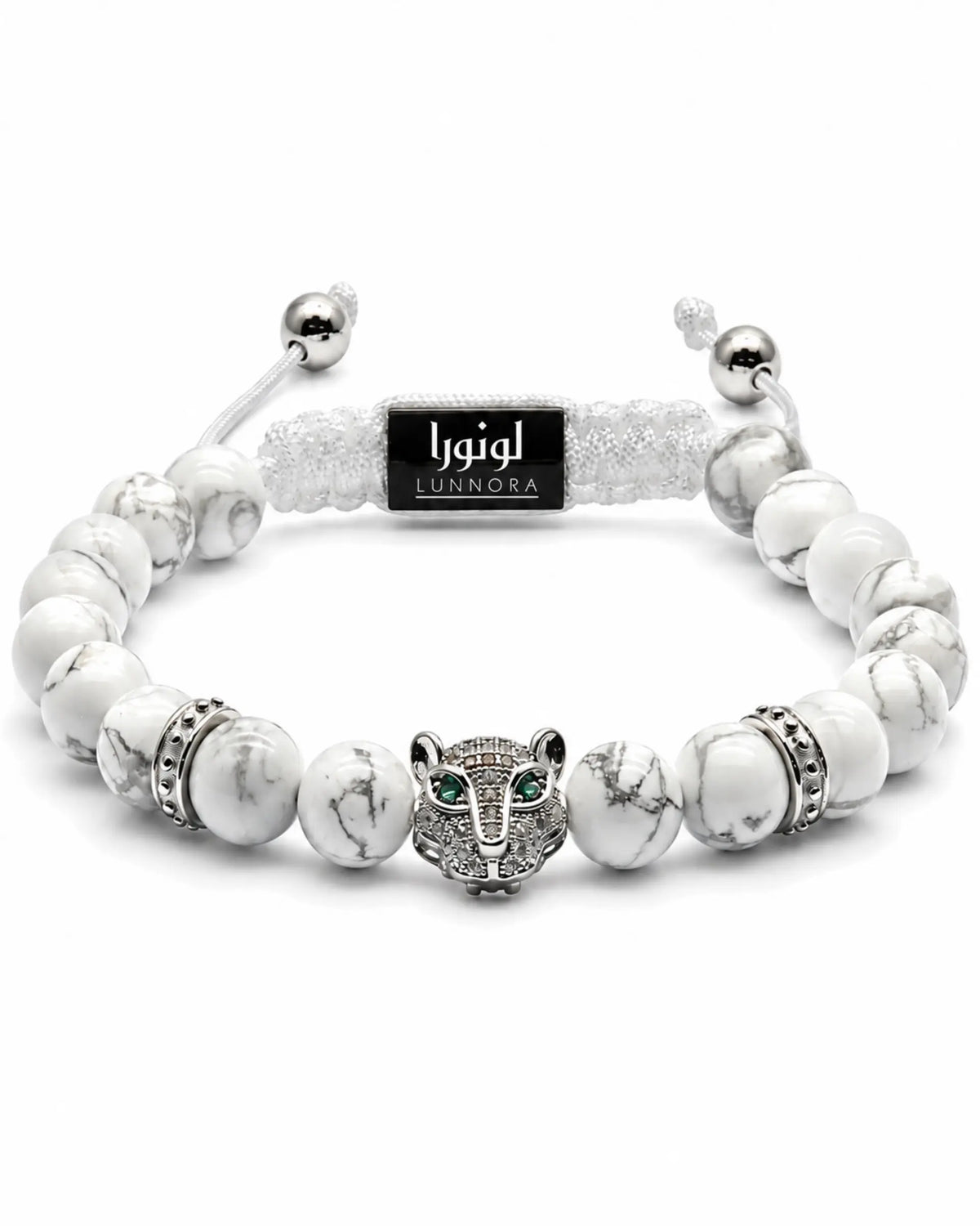 Men's white howlite bead bracelet set with two rows and rhinestone elephant centerpiece الصورة الرئيسية