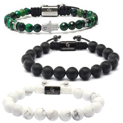 Emirates Hamsa Bracelet Stack – Black Onyx, Green Tiger Eye & Howlite