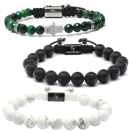 Emirates Hamsa Bracelet Stack – Black Onyx, Green Tiger Eye & Howlite