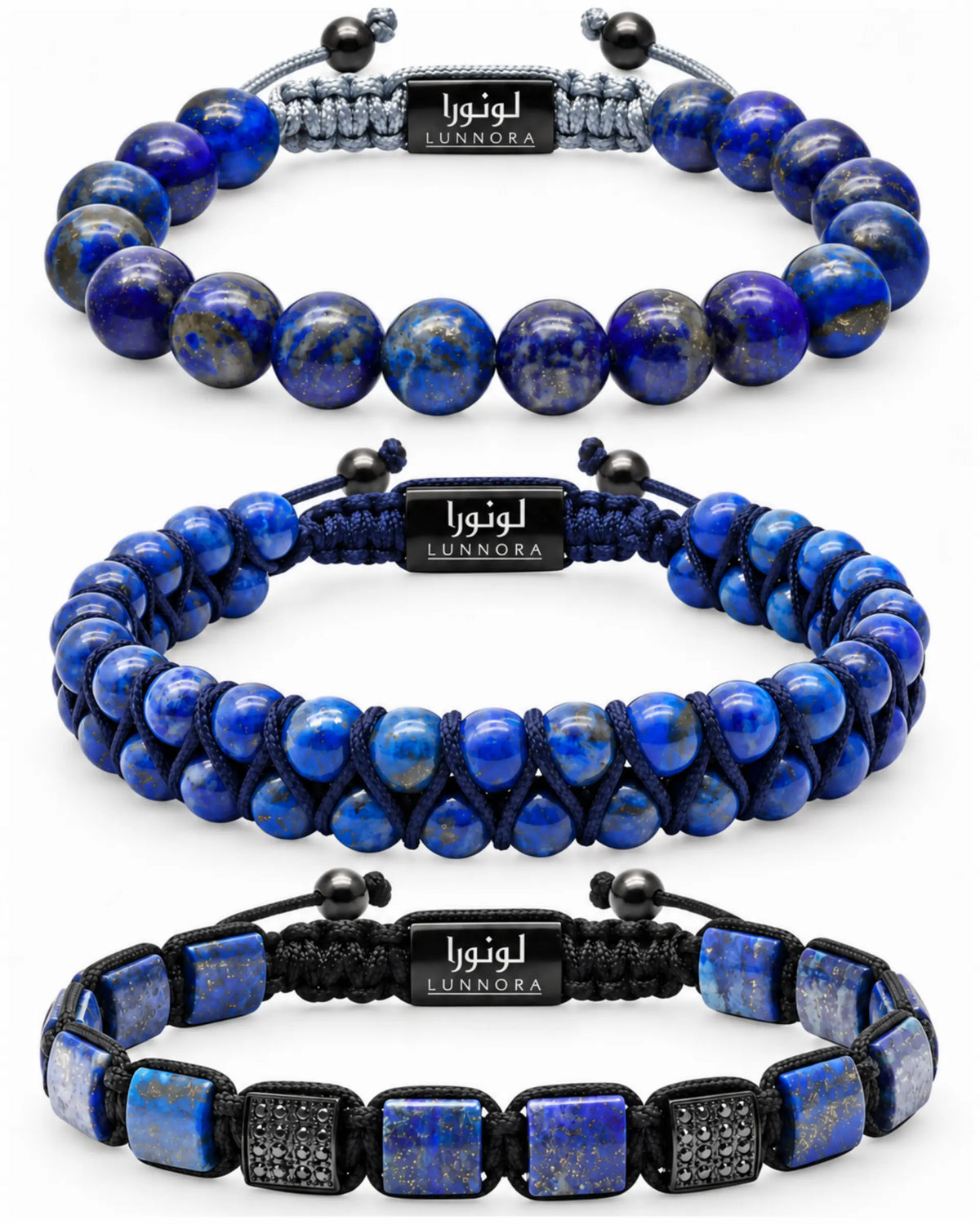Lapis lazuli bead and cord bracelet set, 3 bracelets with black accents and charms الصورة الرئيسية