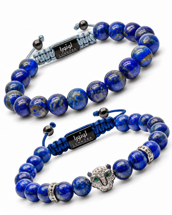 Set of two blue lapis lazuli bead bracelets with macrame cords and elephant charm