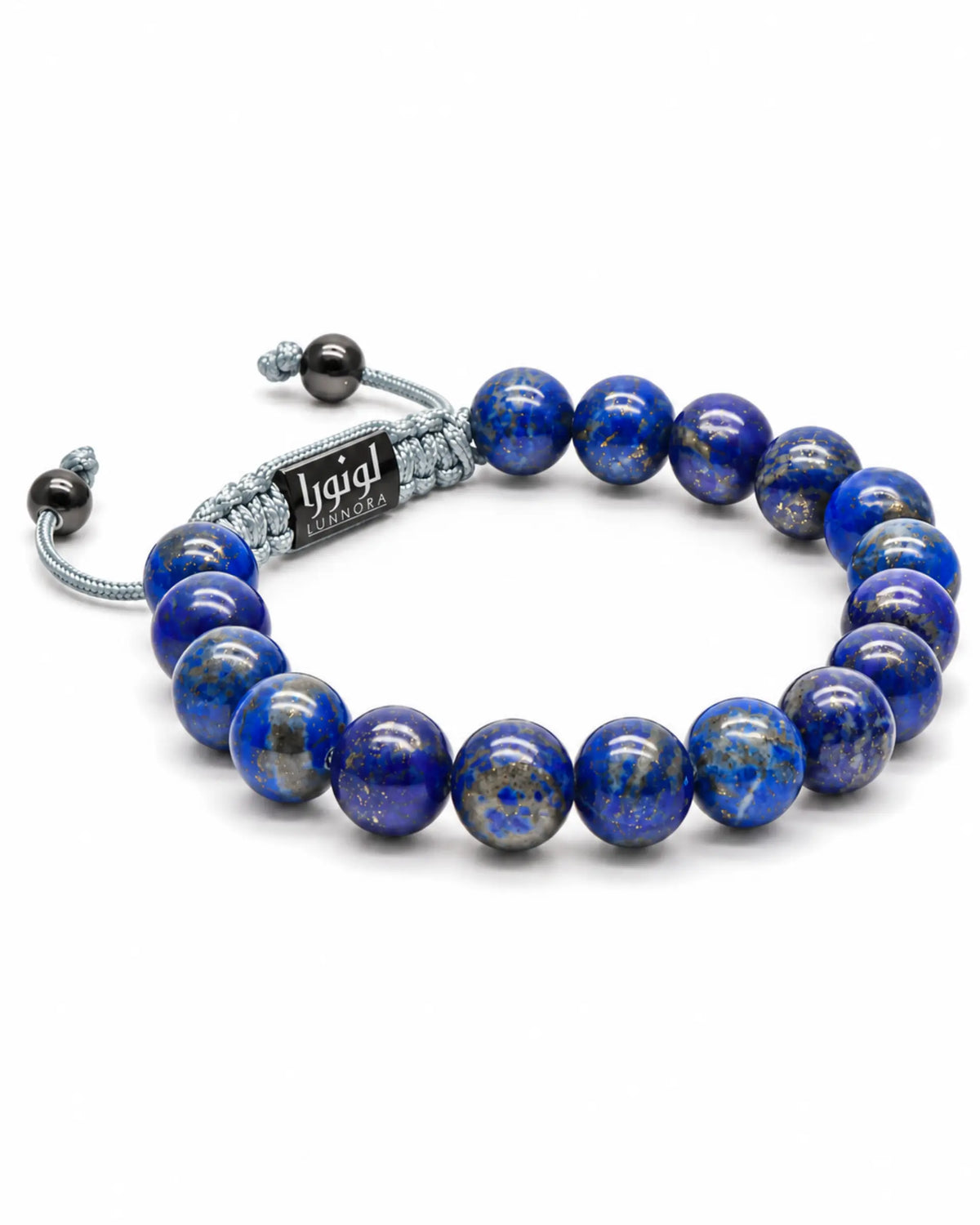 Blue round lapis-style bead bracelet with silver cord and LUNORA center charm