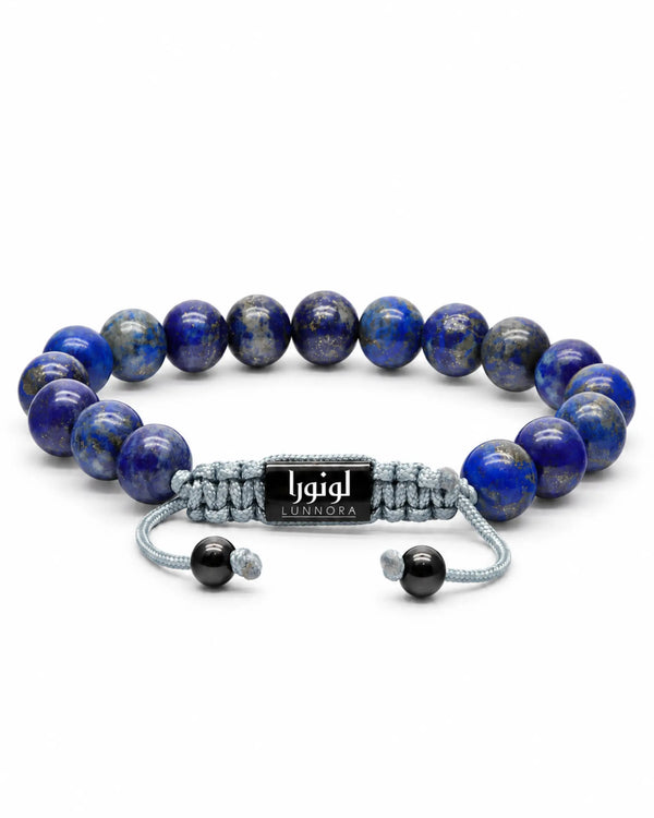 Lapis lazuli single-row bead bracelet with adjustable sliding cord and silver beads