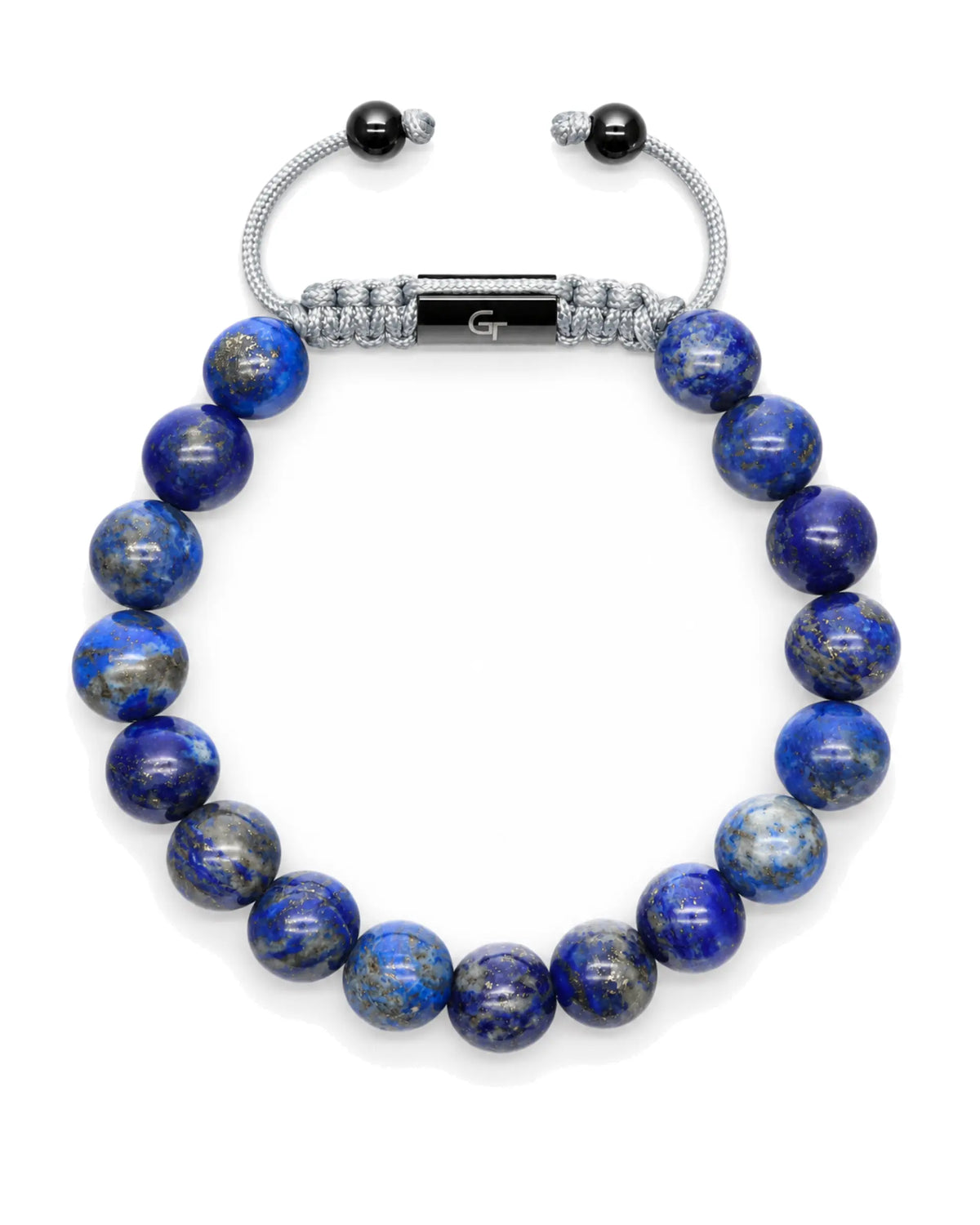 Silver cord bracelet with round blue lapis-style beads and a black center bar charm