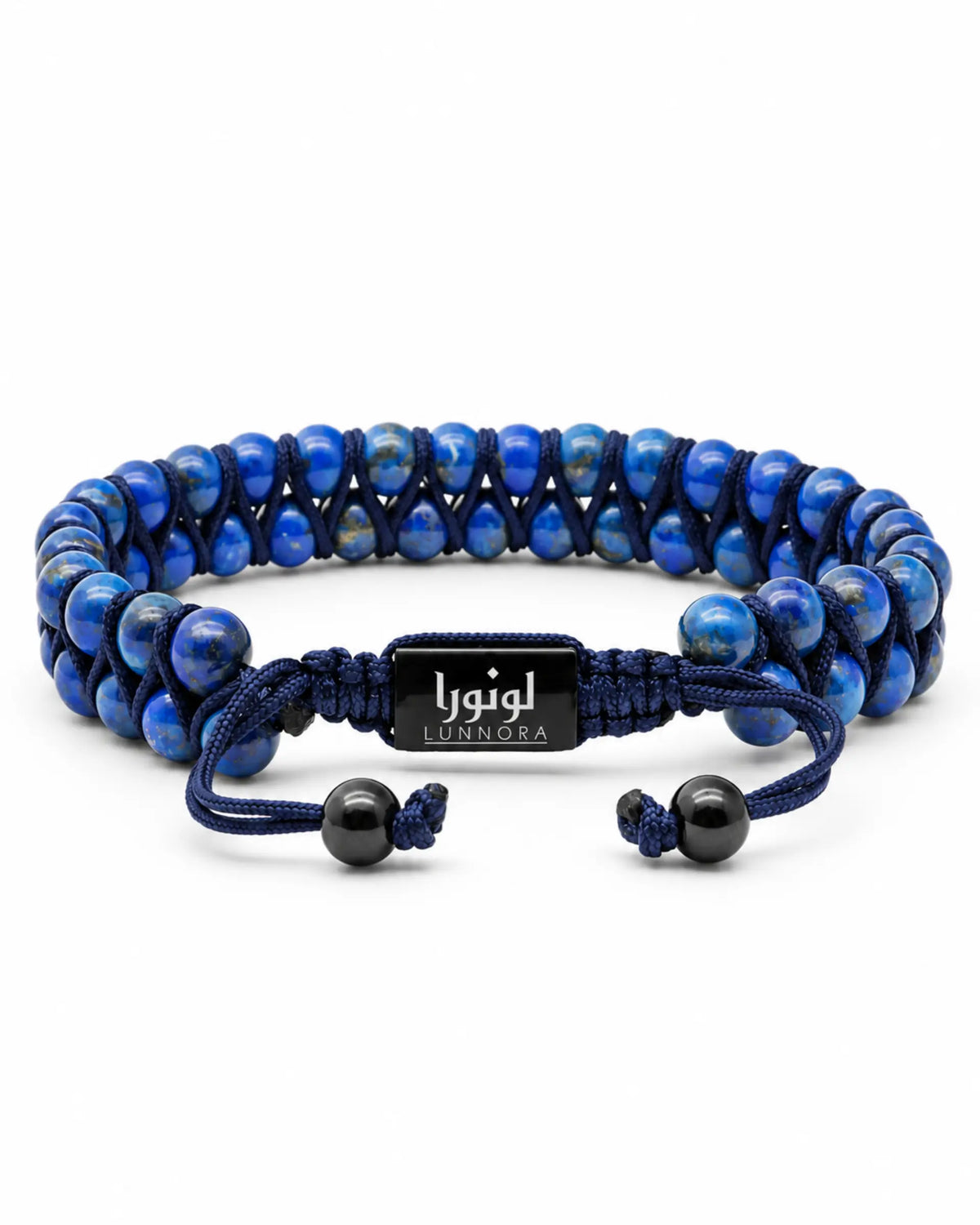 Double-row lapis-look beaded bracelet with black label and adjustable cord