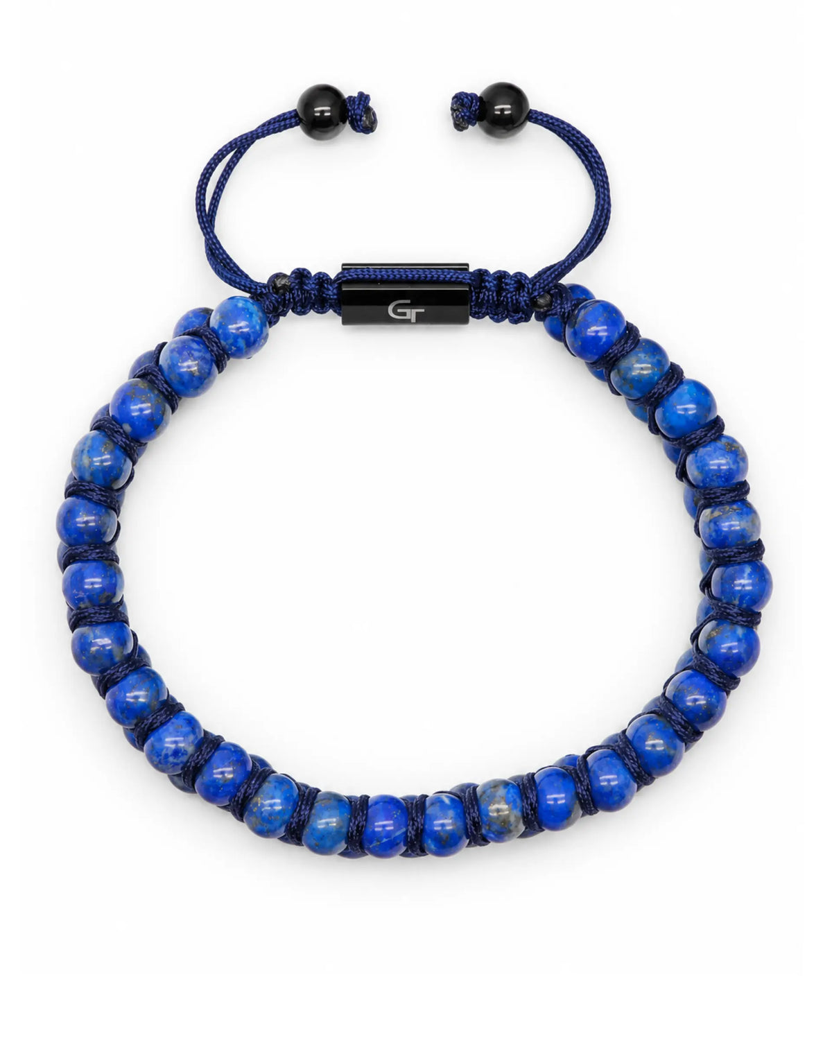 Lapis lazuli bead bracelet set: two blue stone bracelets with black cord and metal tag