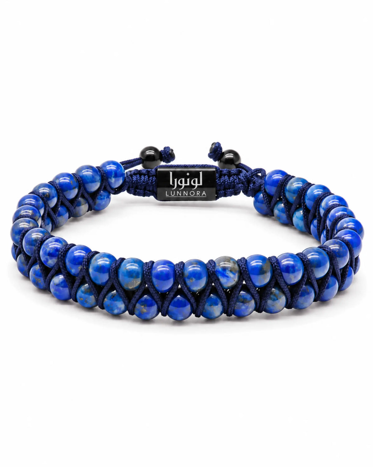 Two lapis lazuli bead bracelets with dark cord and black LUNNORA label between knots الصورة الرئيسية