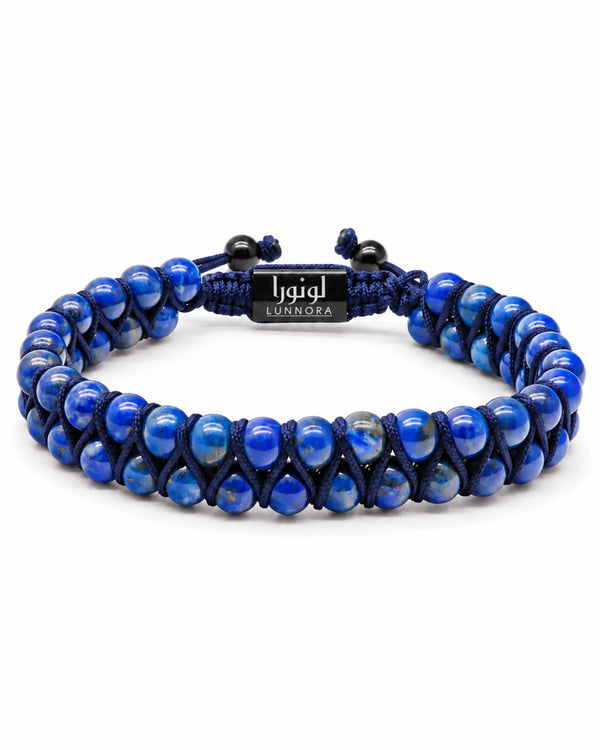 Two lapis lazuli bead bracelets with dark cord and black LUNNORA label between knots