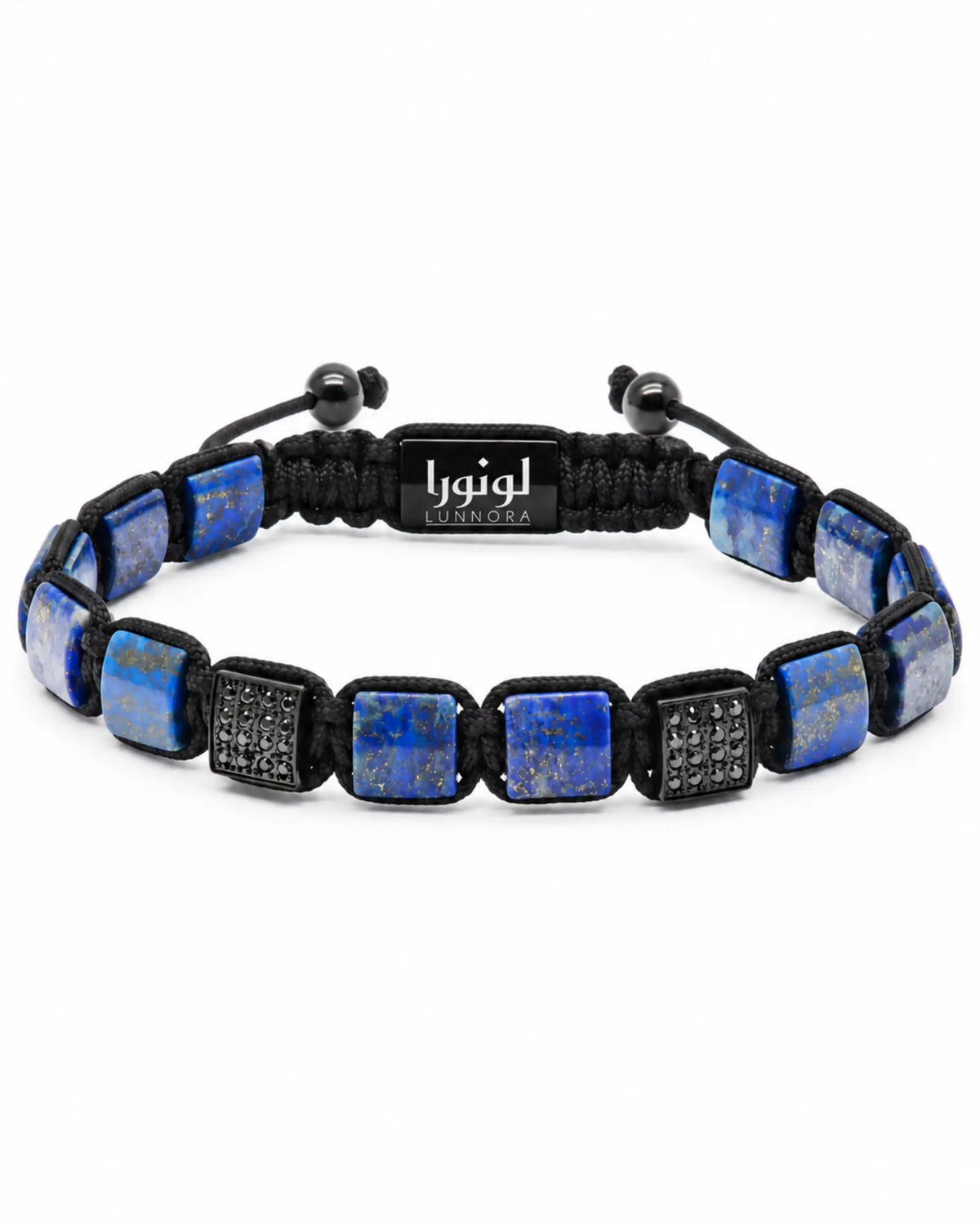 Black and blue lapis beaded bracelet with LUNORA charm and square stone blocks الصورة الرئيسية