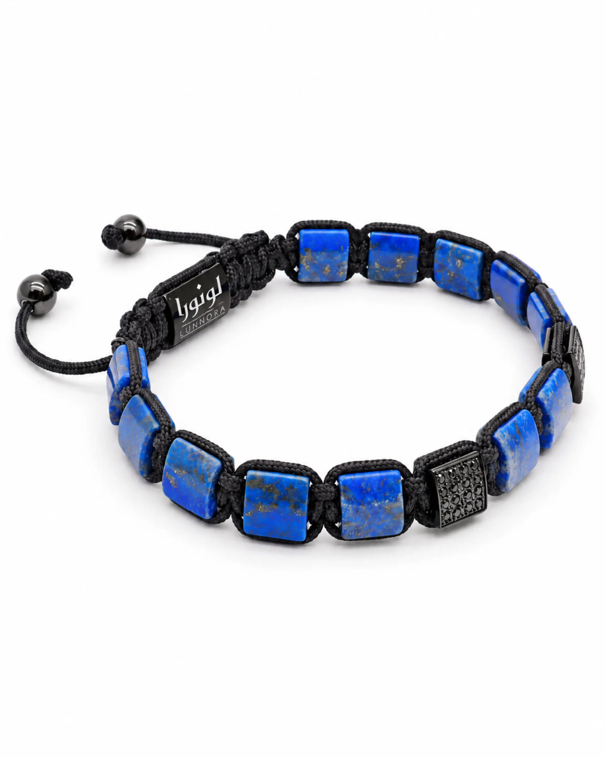 Black macrame bracelet with blue square stone beads and LUNORA tag detail