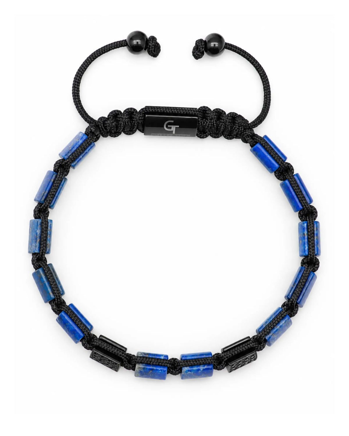 Blue and black bead bracelet with square blue stone insets and black cord closure