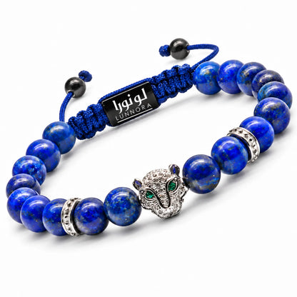 Men's lapis lazuli blue bead bracelet with silver Arabian leopard charm
