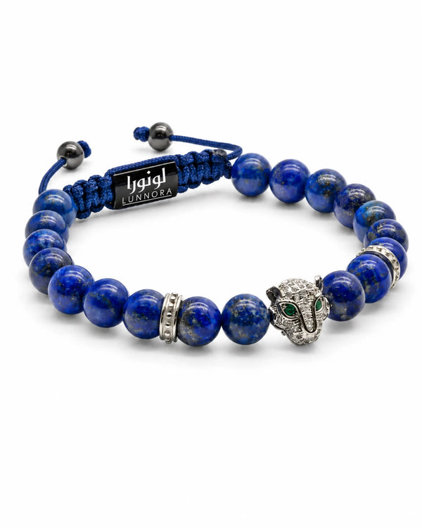 Blue lapis lazuli bead bracelet with macrame cord, elephant charm, LUNNORA tag