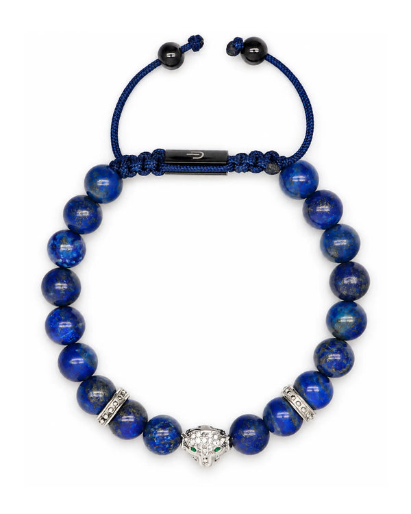 Two blue lapis lazuli beaded bracelets with macrame cord, silver spacers, elephant charm