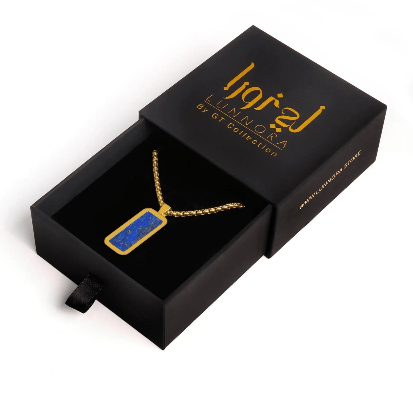Men’s gold necklace with blue lapis lazuli pendant in luxury Lunora by GT Collection gift box