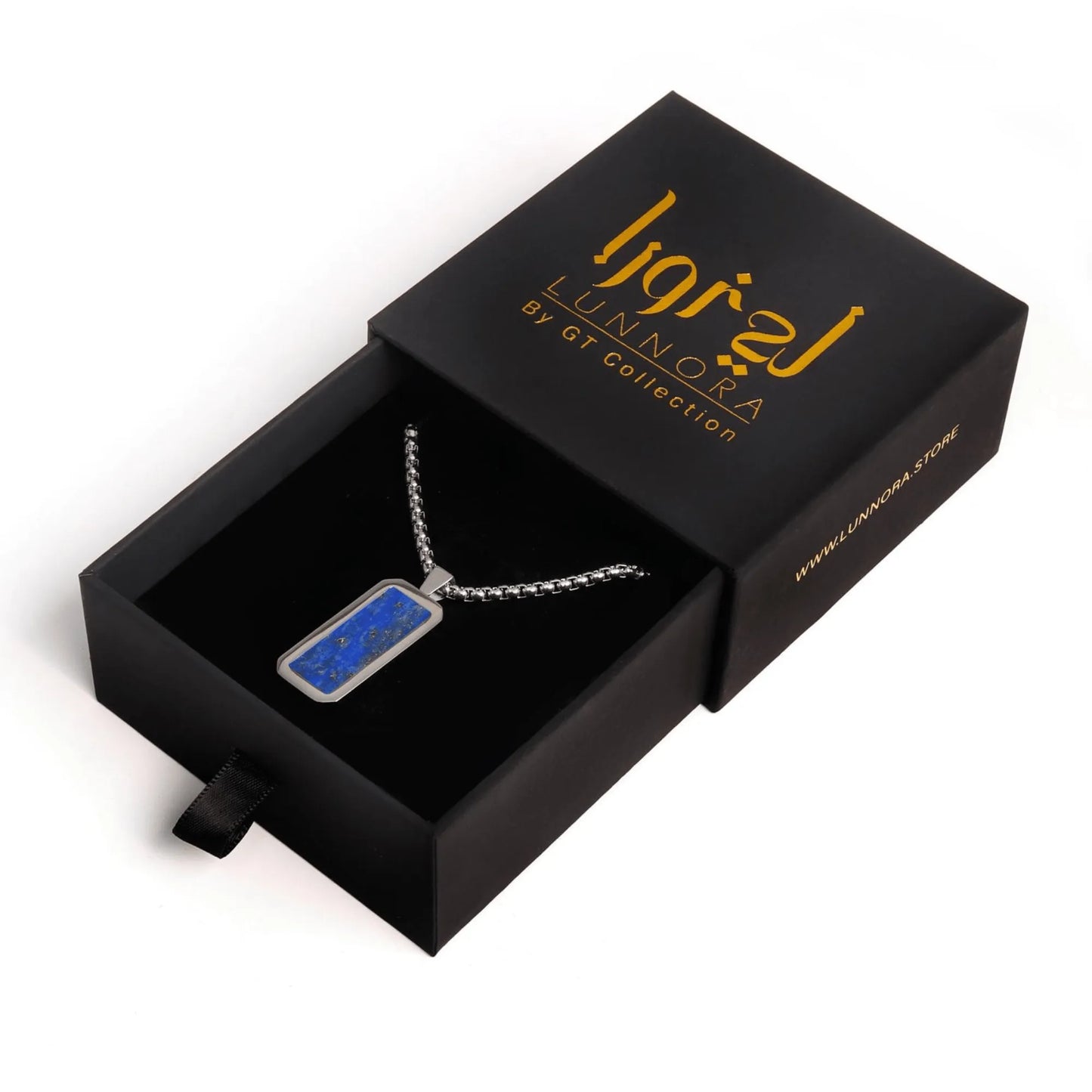 Men’s silver necklace with blue lapis lazuli pendant in luxury Lunora by GT Collection gift box